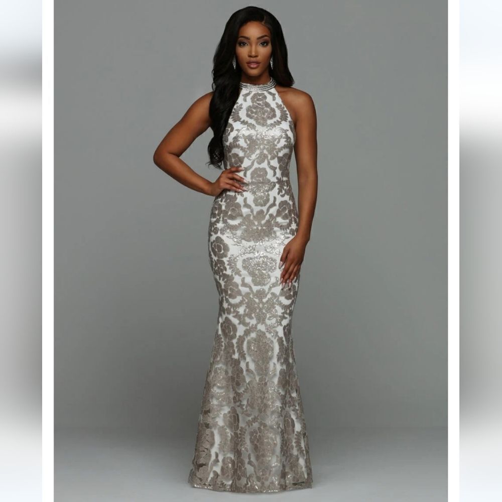 Sparkle Backless Prom Dress Full Length Beaded Style 71958 in Ivory/Palomino